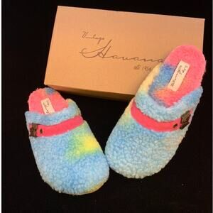 New VINTAGE HAVANA Tie Dye Faux Shearling Slip On Clogs  / NEW / Size 7 M